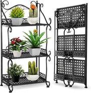 3 Tier Metal Plant Stand Black Foldable Iron Flower Pot Shelf Indoor Outdoor