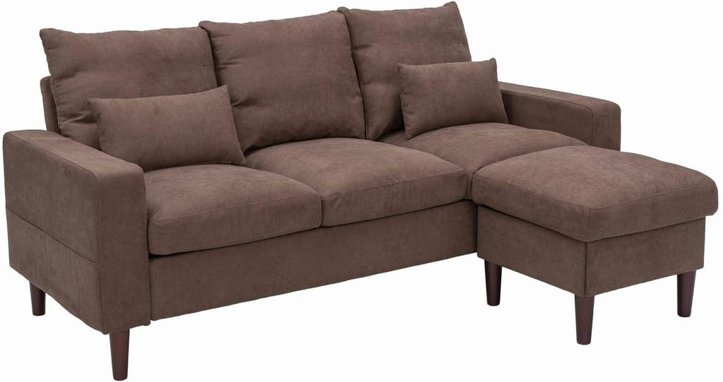 3 Seater Sofa with Footstool Brown Linen Reversible Chaise Cushioned Modern Couc