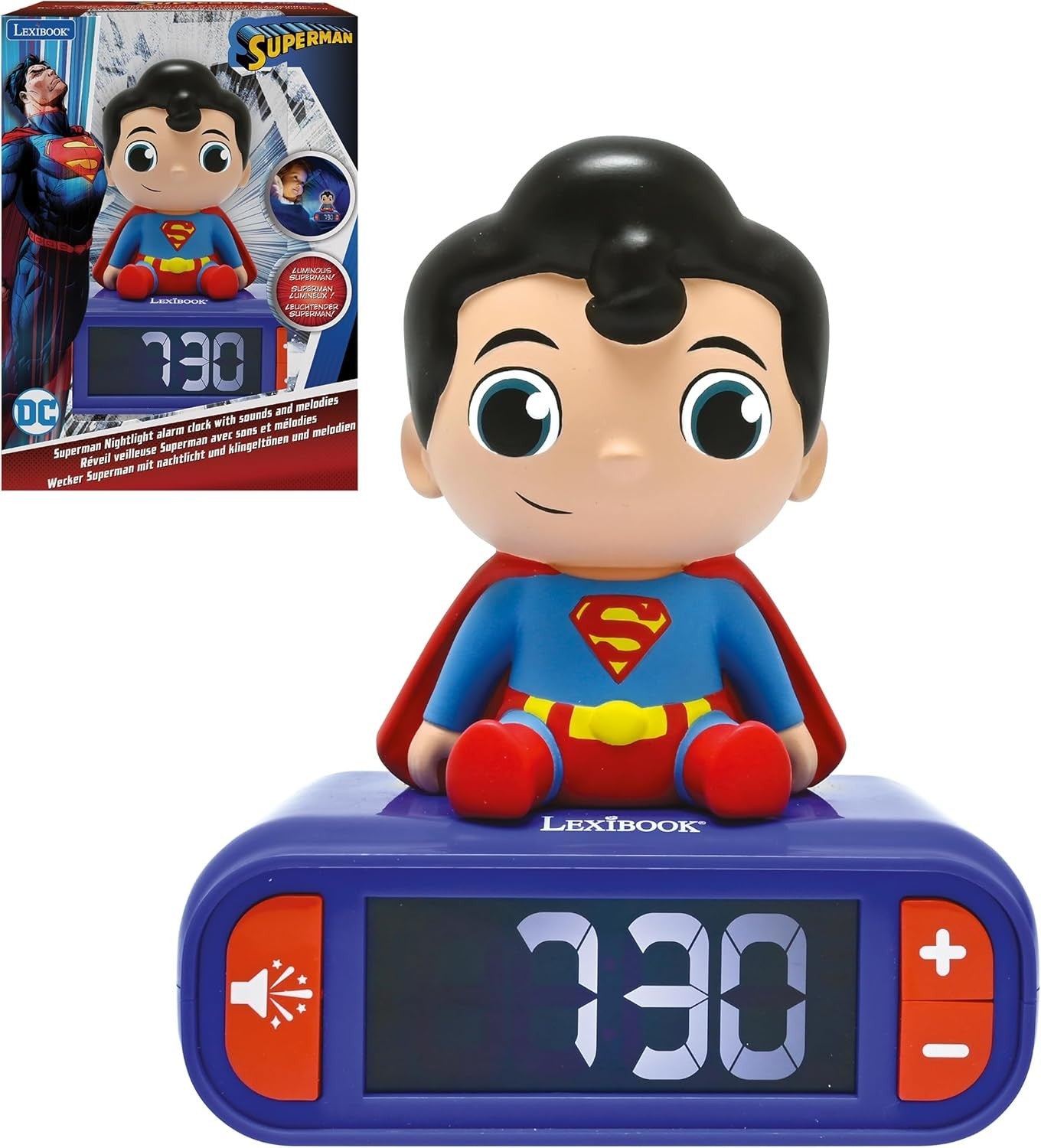 Kids Superhero Alarm Clock Night Light Blue Red LCD Snooze Sounds