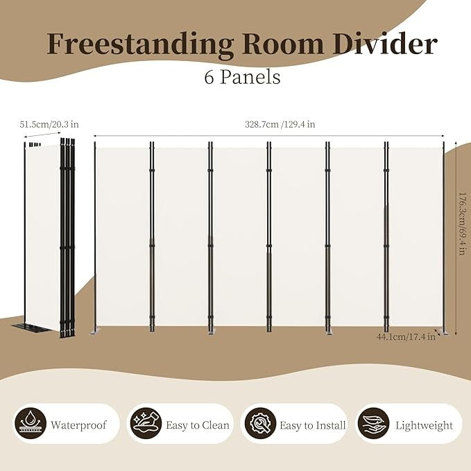 6-Panel Folding Room Divider 5.8ft Cream Privacy Screen Wall Partition Office