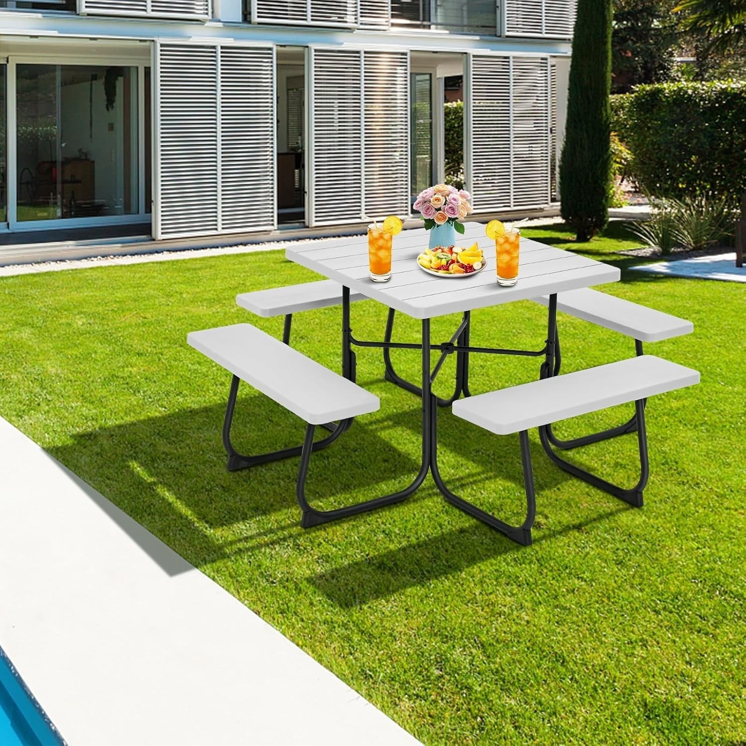 8 Seater Outdoor Picnic Table Set with Benches & Umbrella Hole – White
