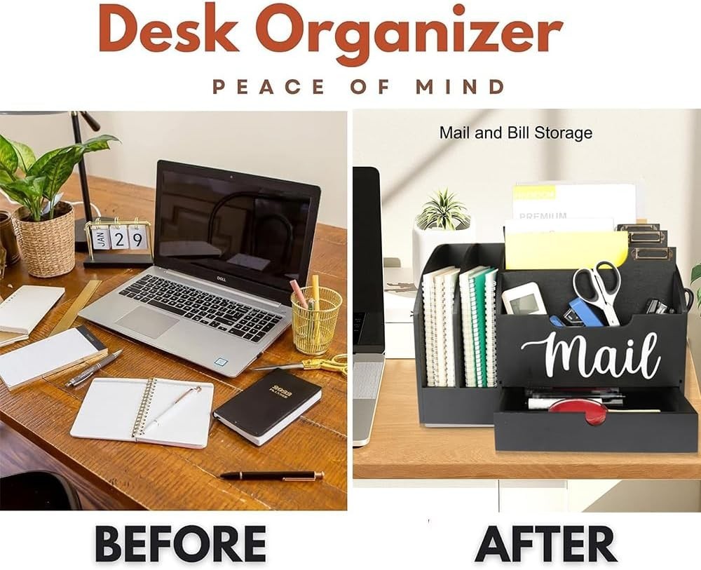 Wood Desktop Mail Organizer with 6 Compartments & Drawer – Desk Storage