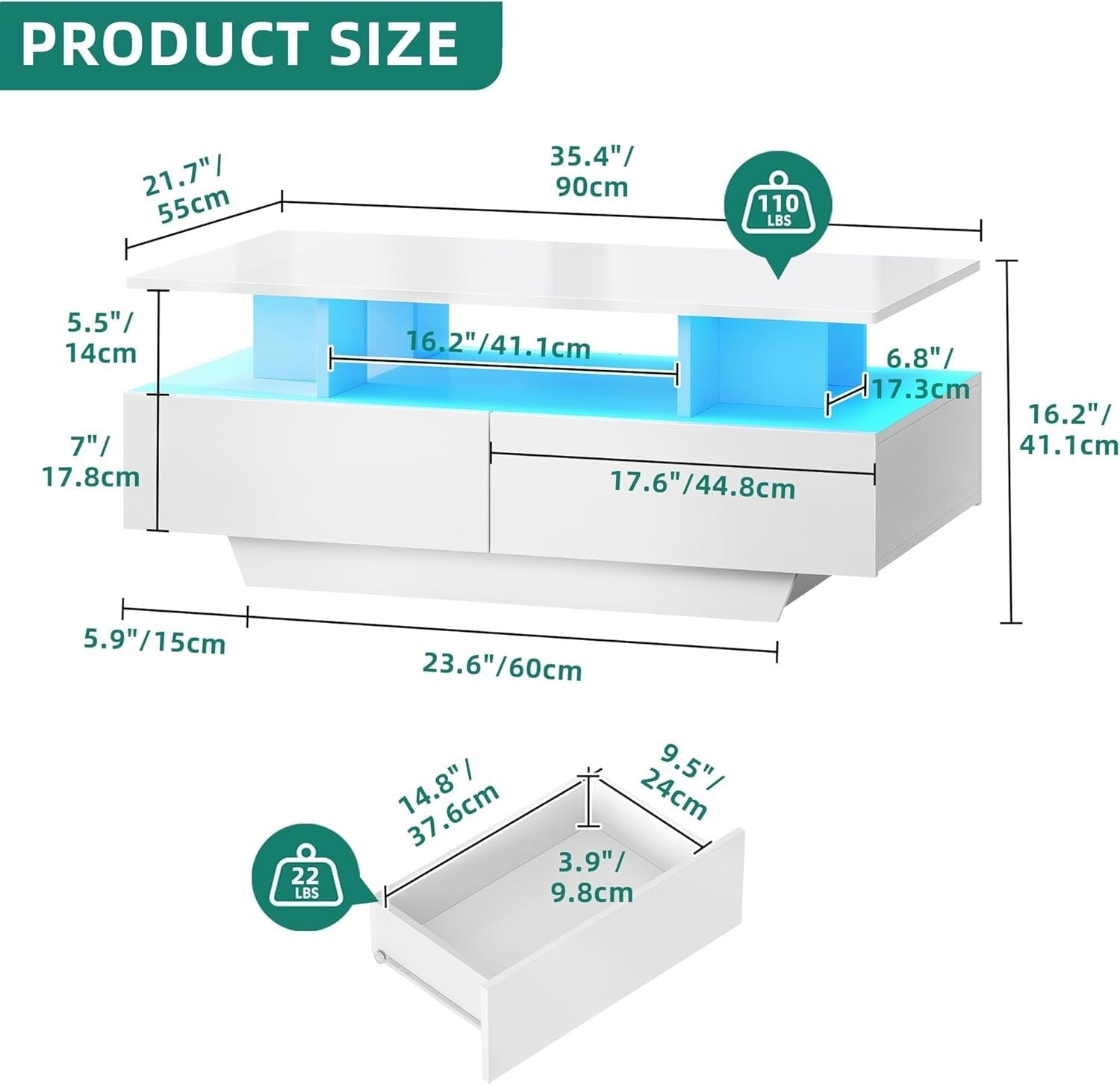 LED Coffee Table with Storage Drawers White Gloss 16-Color Light Modern