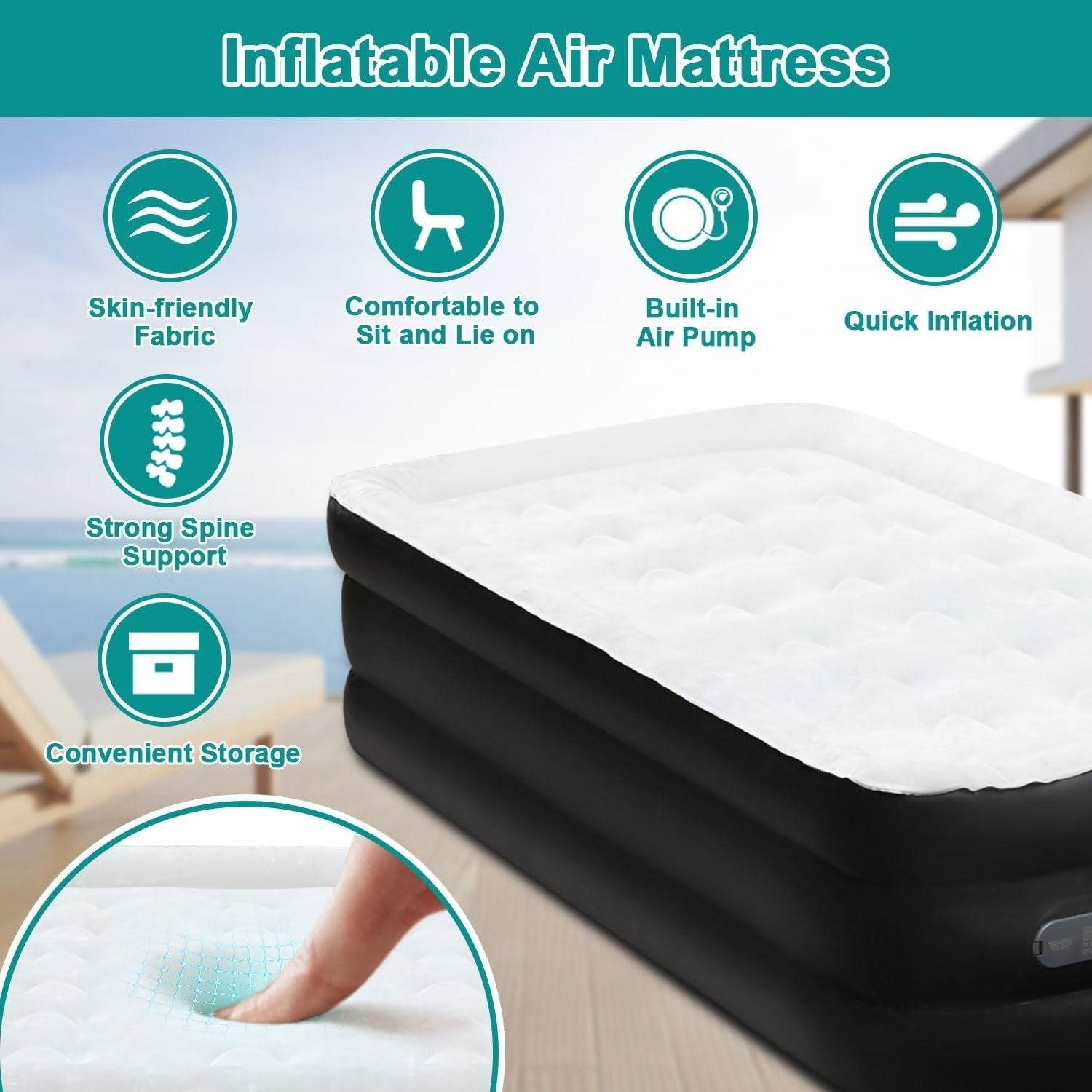 Single Air Bed with Built-in Pump, Inflatable Mattress 190x100x46