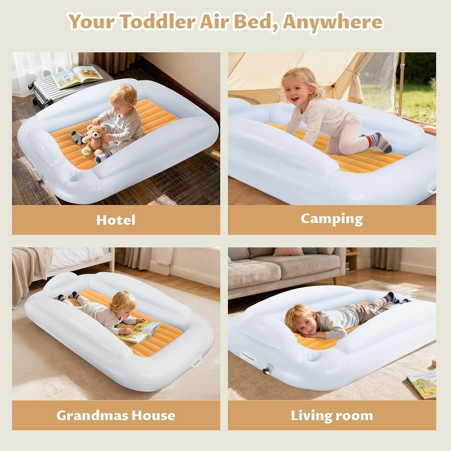 Inflatable Toddler Travel Bed 63” Kids Air Mattress with Safety Bumpers