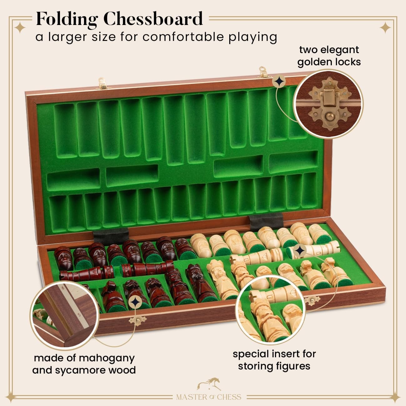 56cm Luxury Inlaid Wooden Chess Set – Handcrafted Folding Board & Tall Weighted