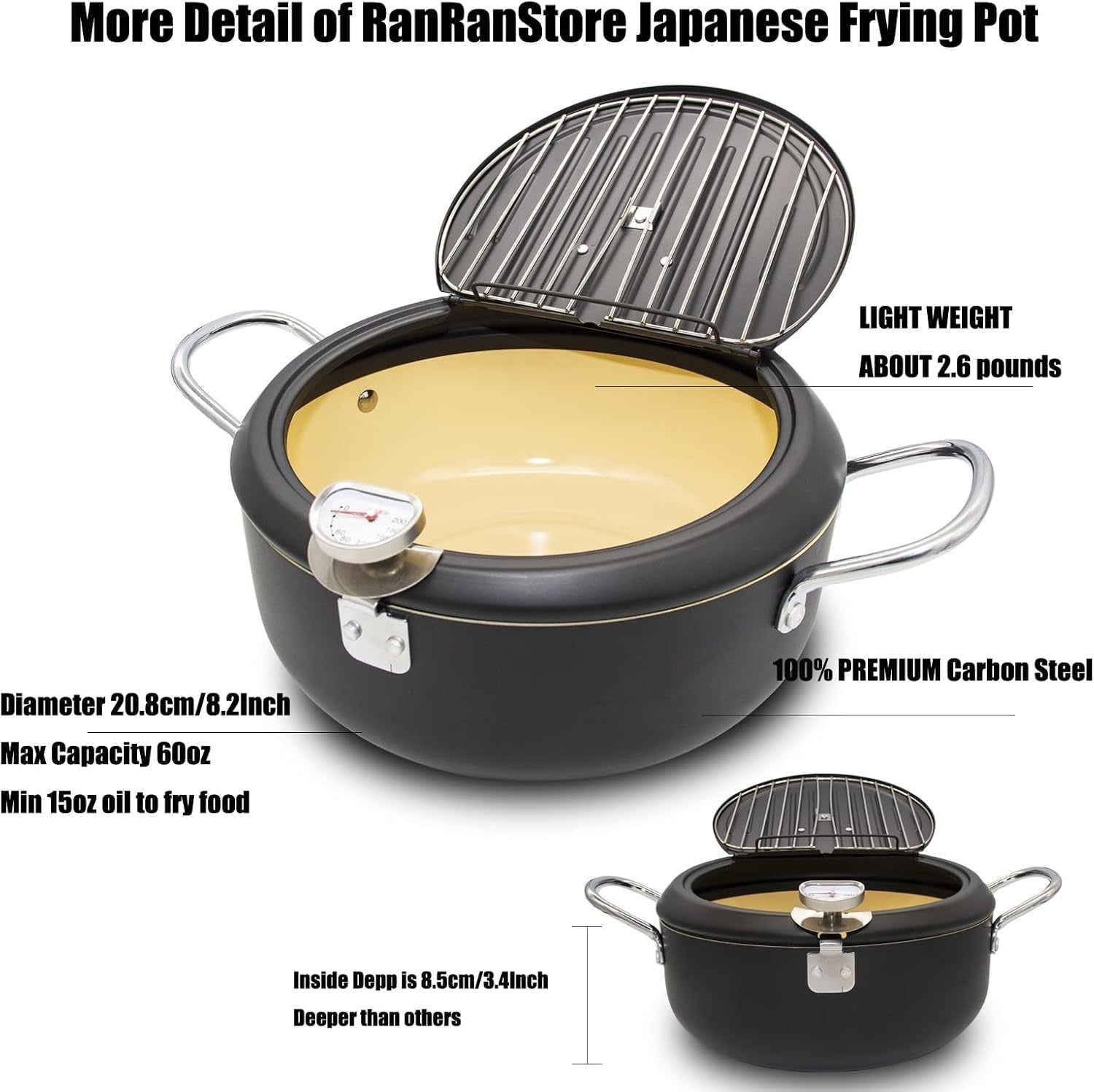 Japanese Tempura Fryer Pot 2.3L 8in With Thermometer Nonstick
