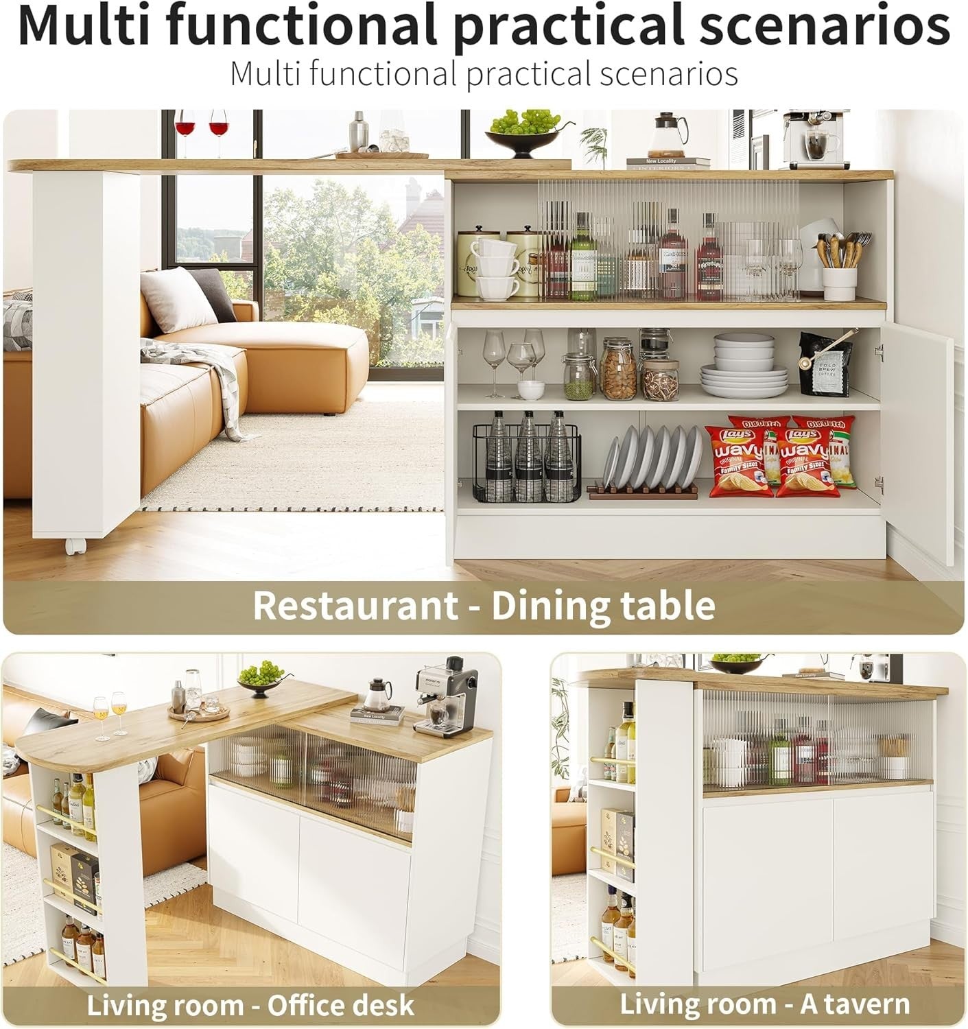 360° Swivel Bar Table w/ Shelves Glass Door White Modern Storage Unit Furniture
