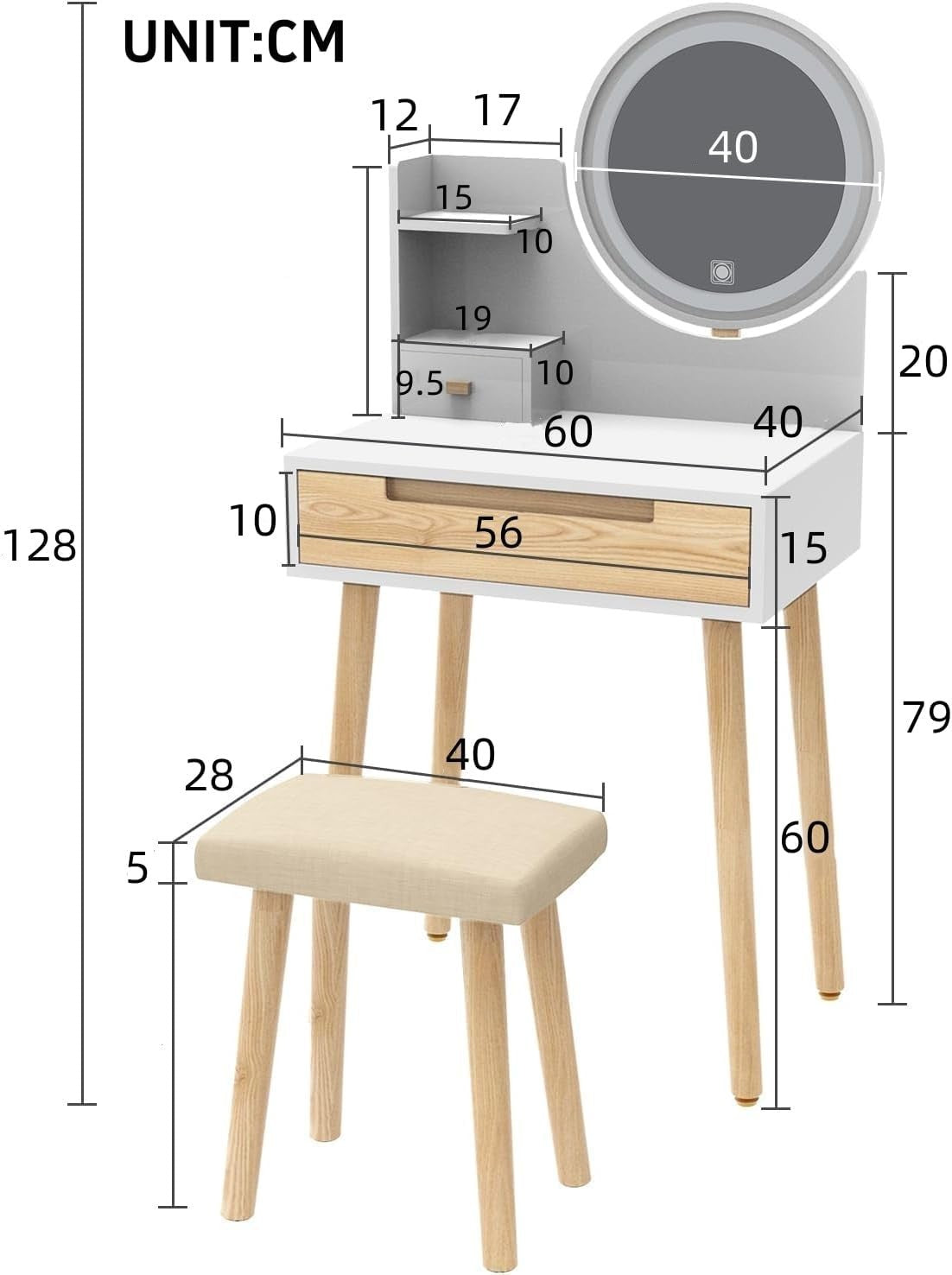 Small Space Vanity Desk Dressing Table Mirror 3-Light Modes Drawer Stool Wood