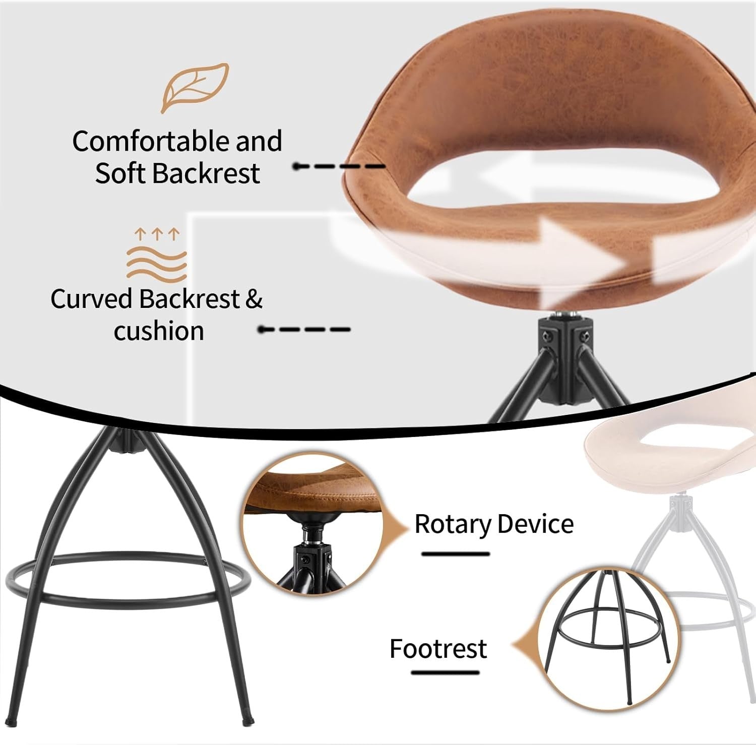 360° Swivel Bar Stools Set of 2 | Brown PU Leather Counter Chairs w/ Back
