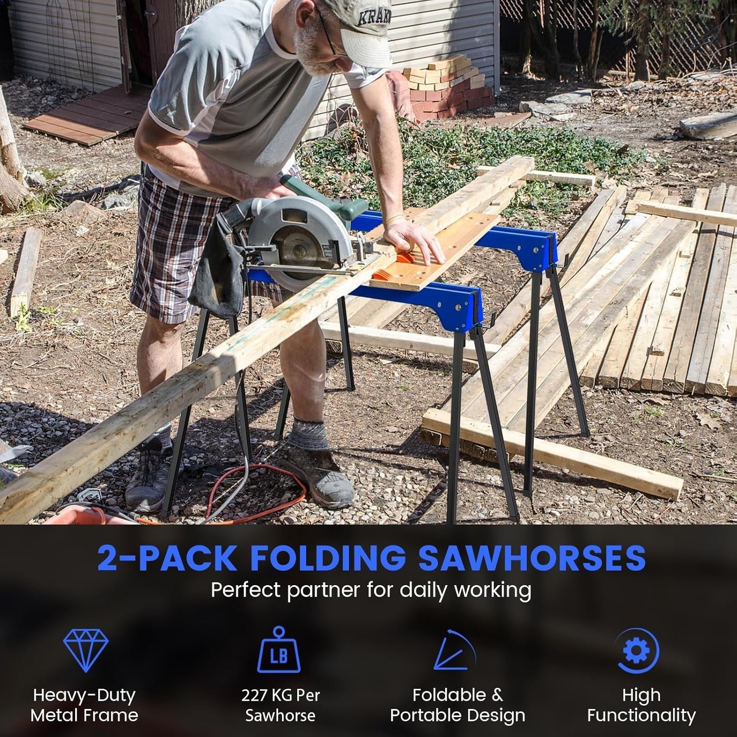 Folding Sawhorse Twin Pack Heavy Duty 454kg 2x4 Support Arms Portable 92x48