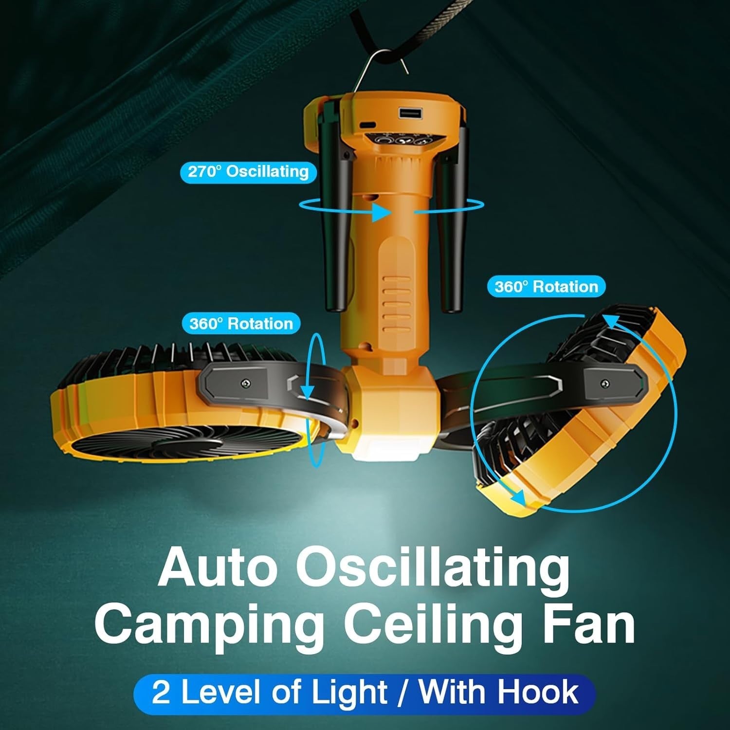 Yellow Camping Fan with LED Light – 4-Speed 360° Oscillating USB Rechargeable