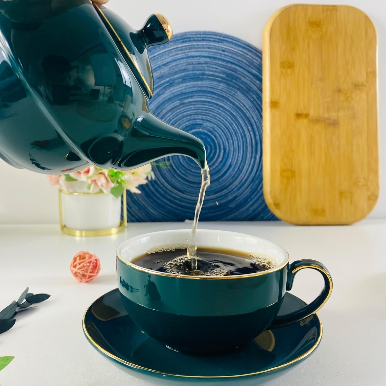Tea For One Set Peacock Green Teapot Cup Saucer Ceramic Gift 350ml