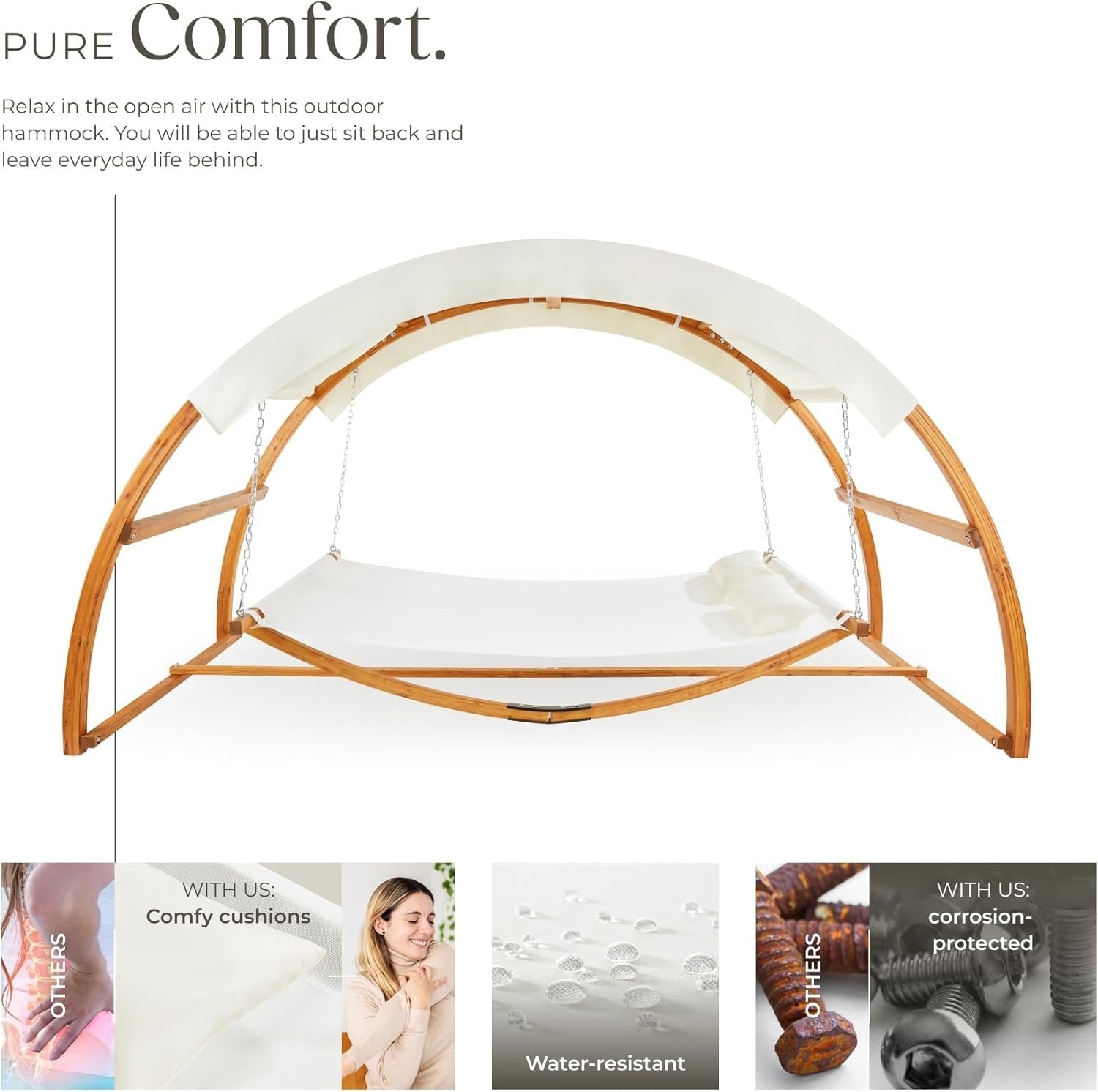 Luxury 2-Person Wooden Hammock w/ Canopy & Cushions – Outdoor Garden Swing