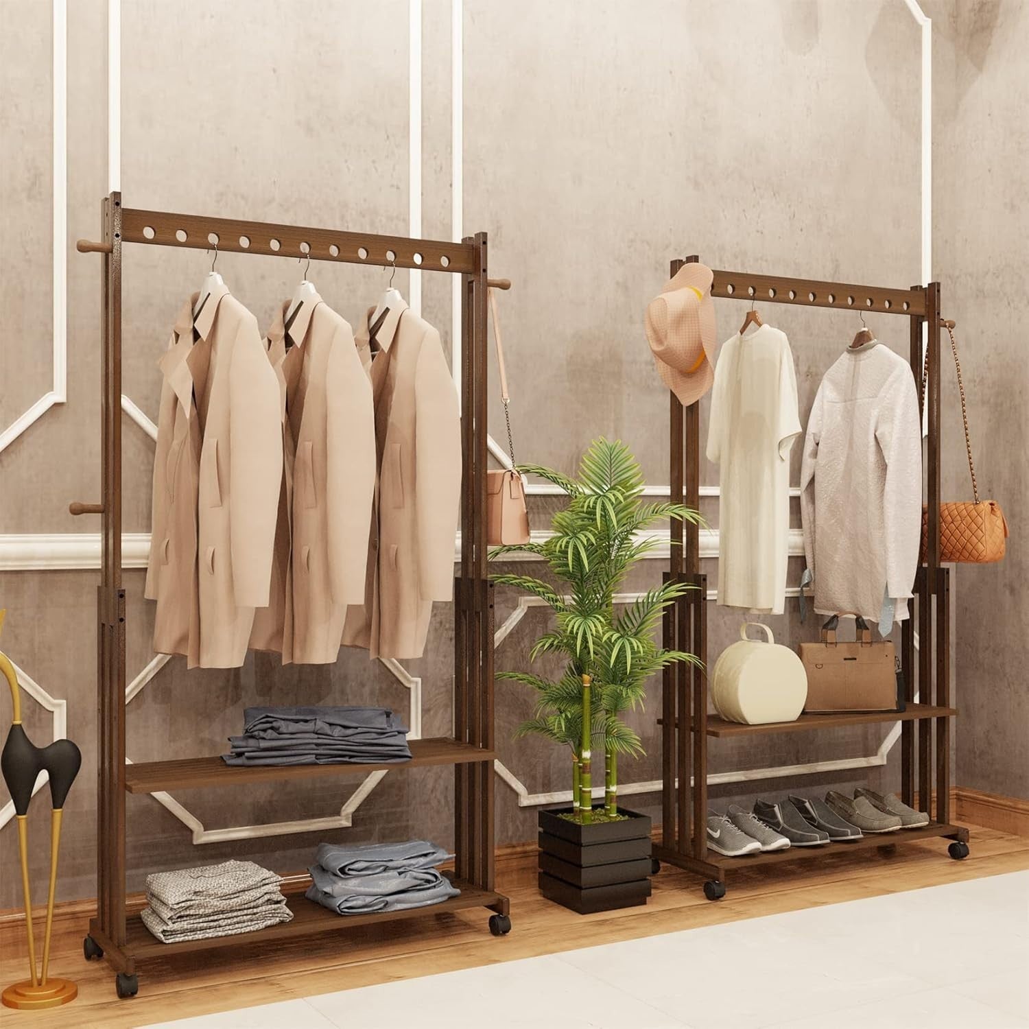 Bamboo Clothes Rack Stand on Wheels – Open Wardrobe with Shelves 90cm