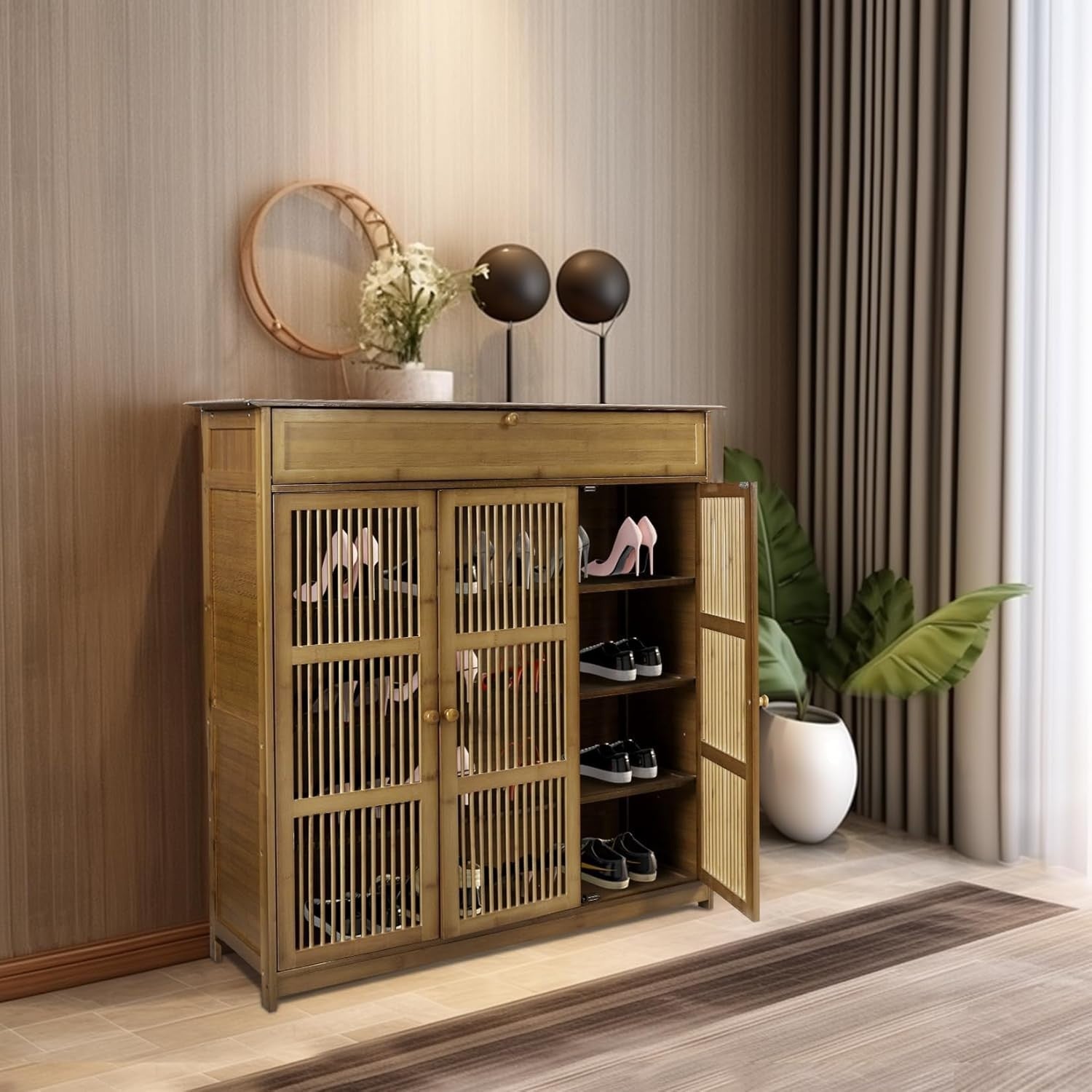 Large 4-Tier Bamboo Shoe Cabinet with Drawer & Lockable Slatted Doors, 16-18 Pai