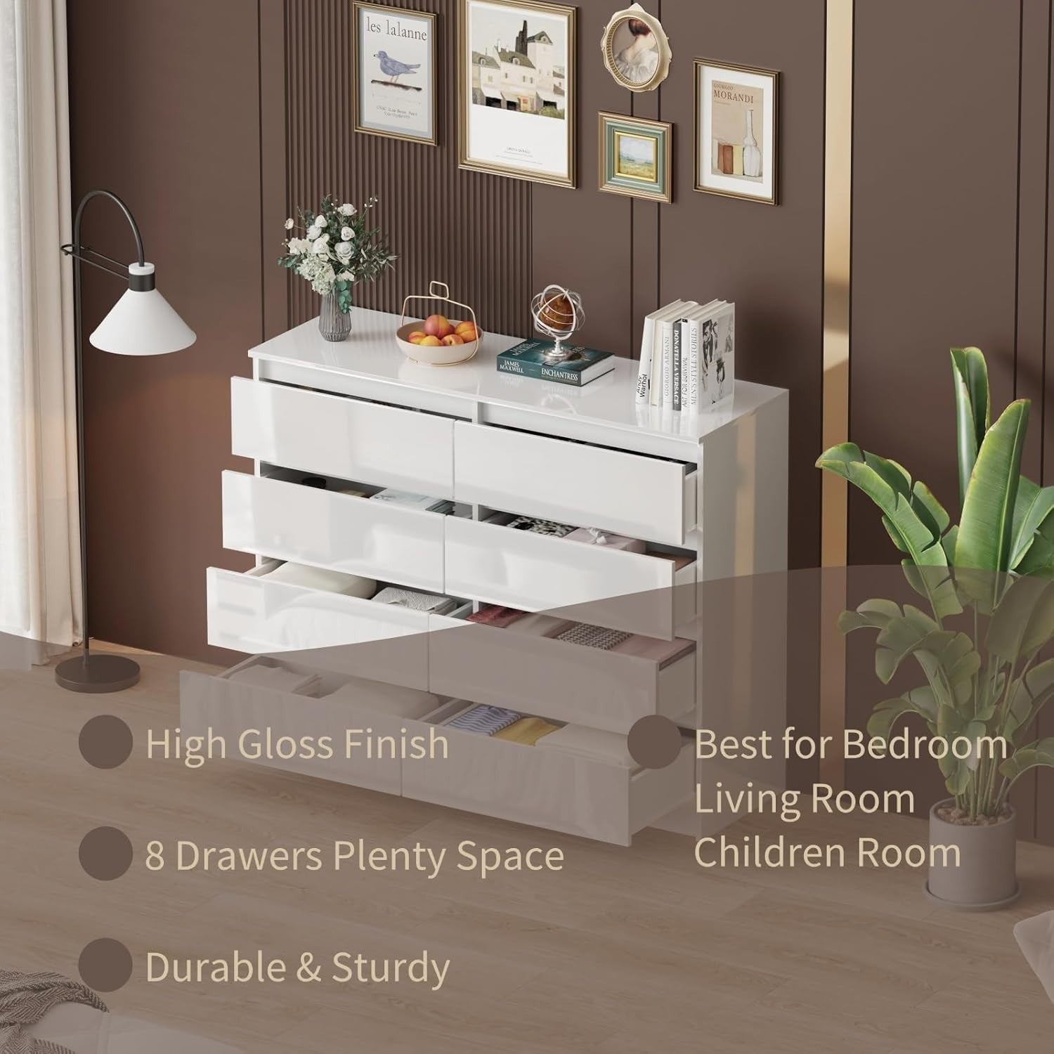 White Gloss Chest of Drawers 8 Drawer Storage Cabinet Bedroom Modern