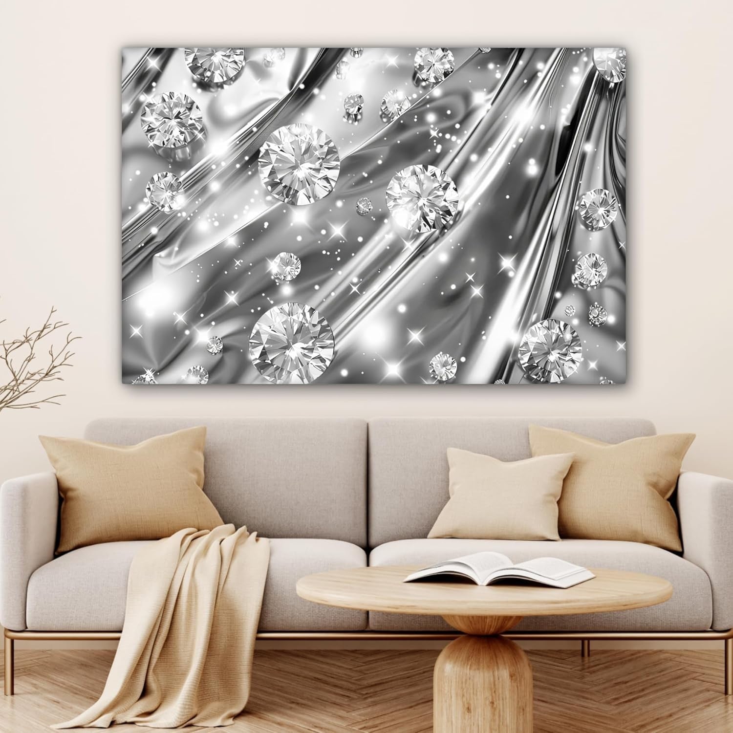 Diamond Abstract Canvas Wall Art 47x31 in Silver Modern Home Decor