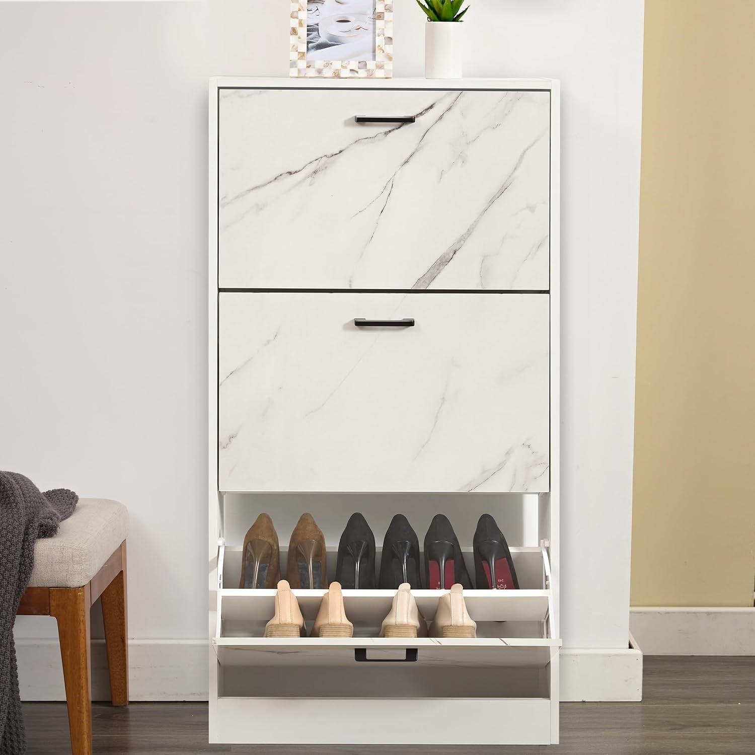Marble White 3 Drawer Shoe Cabinet Modern Slim Storage Unit Hallway