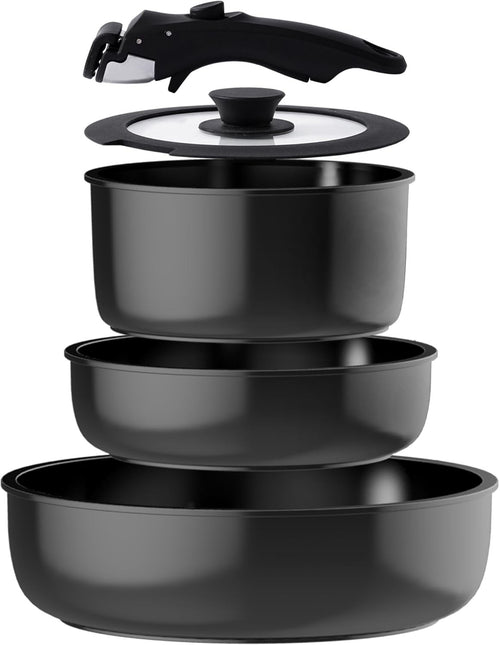 5pcs Black Ceramic Cookware Set Removable Handle Induction & Oven Safe