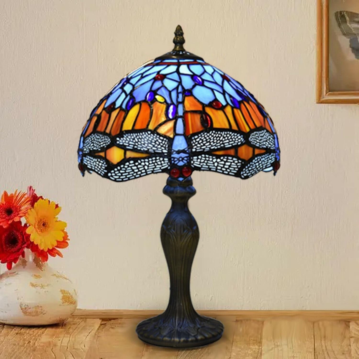 Handmade Tiffany Dragonfly Table Lamp 42cm Tall Stained Glass