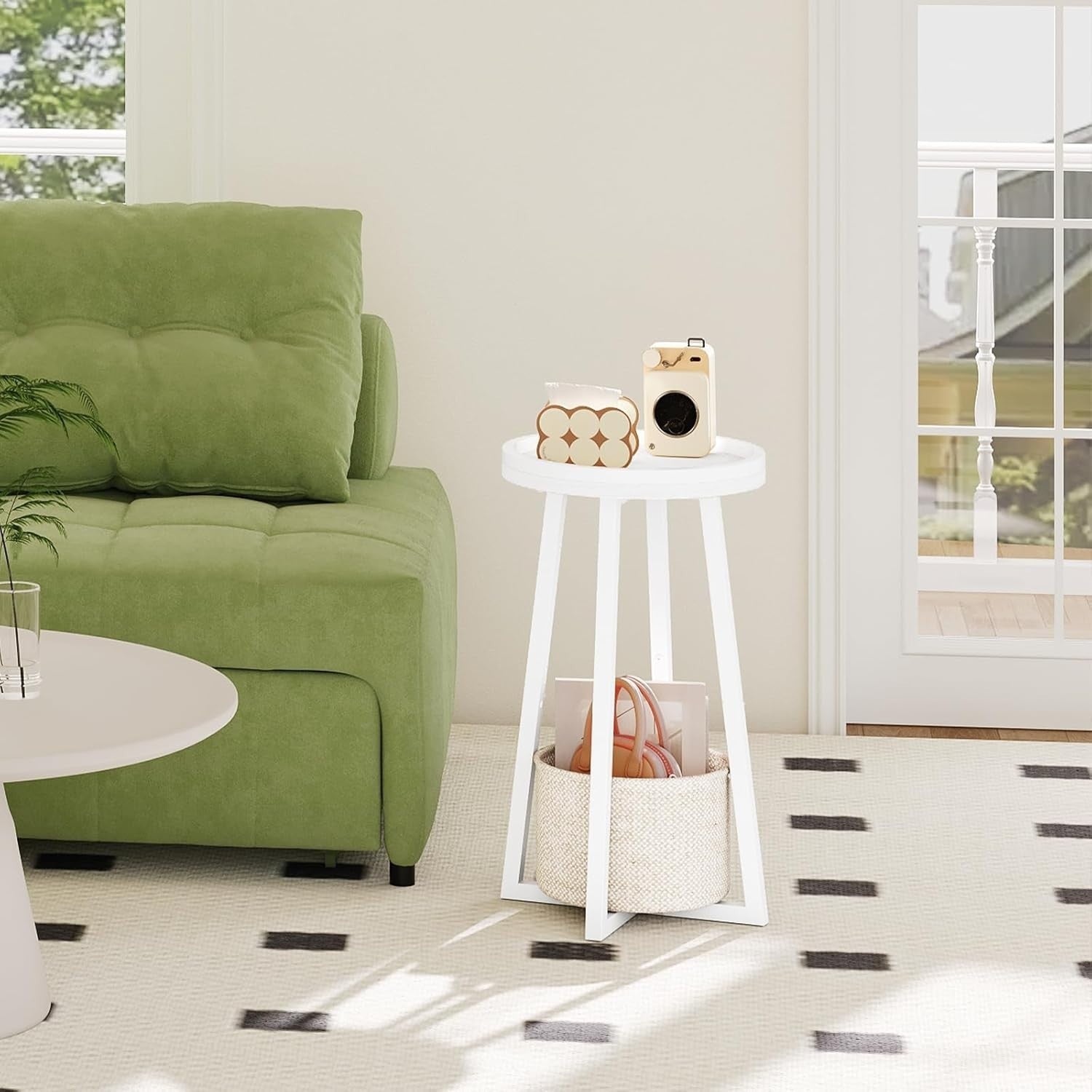 White 2-Tier Round Side Table 30x30x60 cm | Sofa & Bedside Table w/ Storage