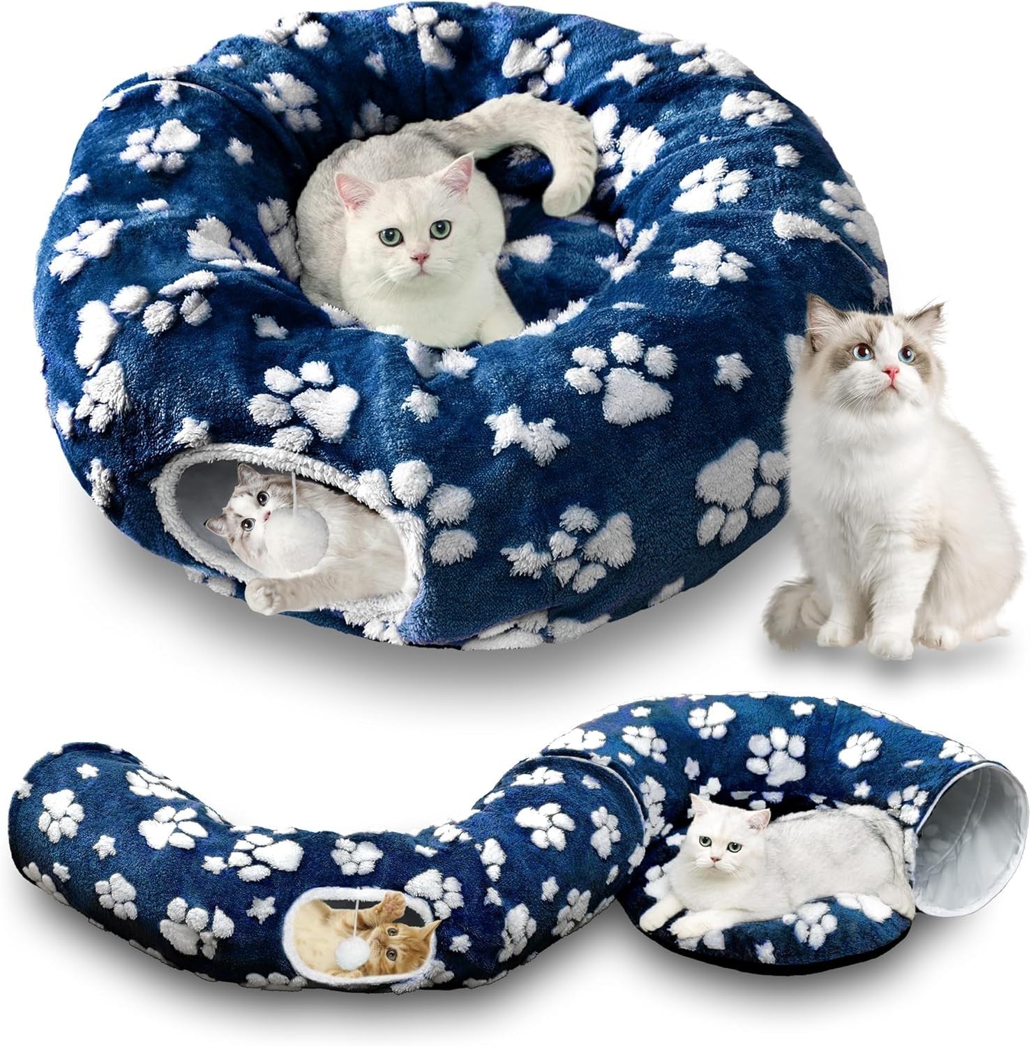Cat Donut Tunnel Bed Peekaboo Cave w Cushion & Hanging Ball Navy