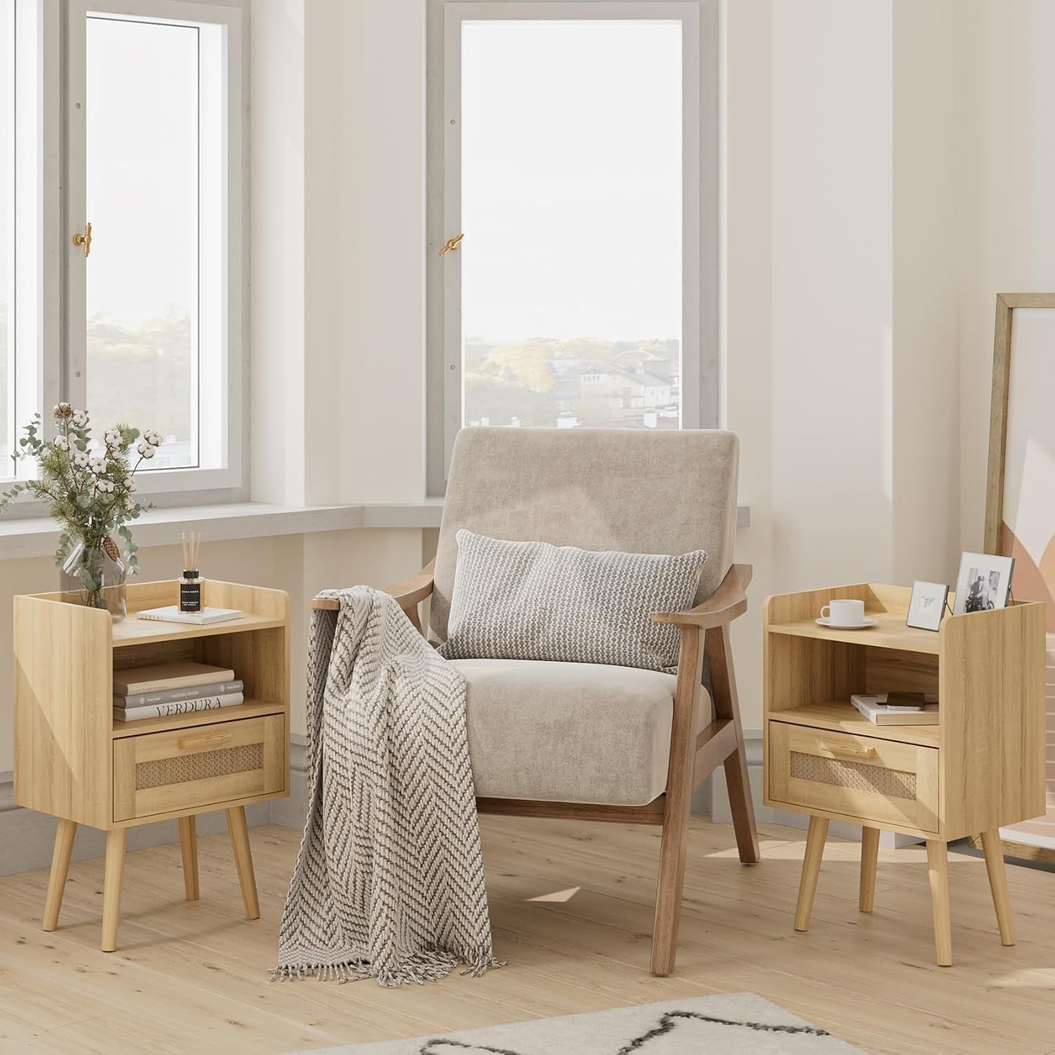 Rattan Bedside Table with Drawer & Shelf – Natural Wood Accent Nightstand