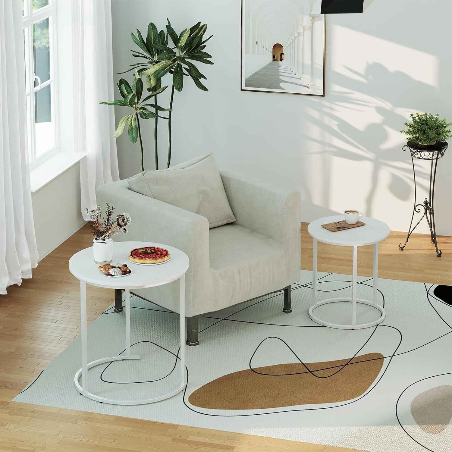 Nesting Coffee Tables Set of 2 Round White Marble Top Metal Frame Living Room
