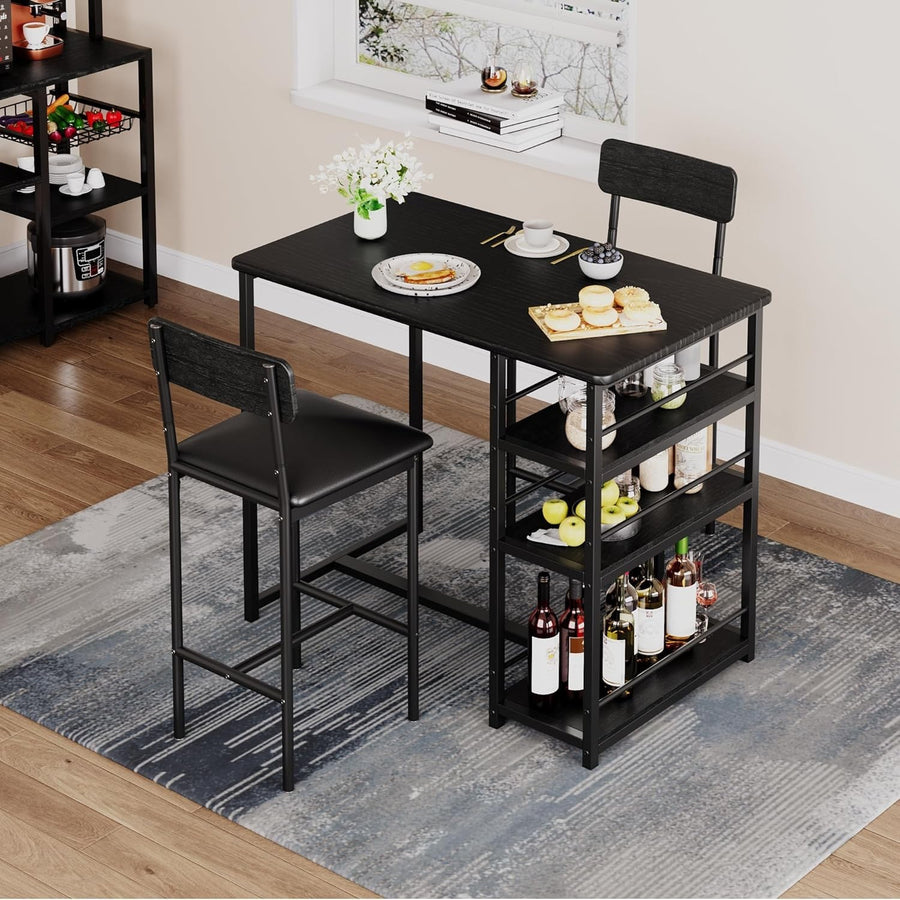 3-Piece Bar Table Set Retro Black with 2 Stools & Storage Counter-Height