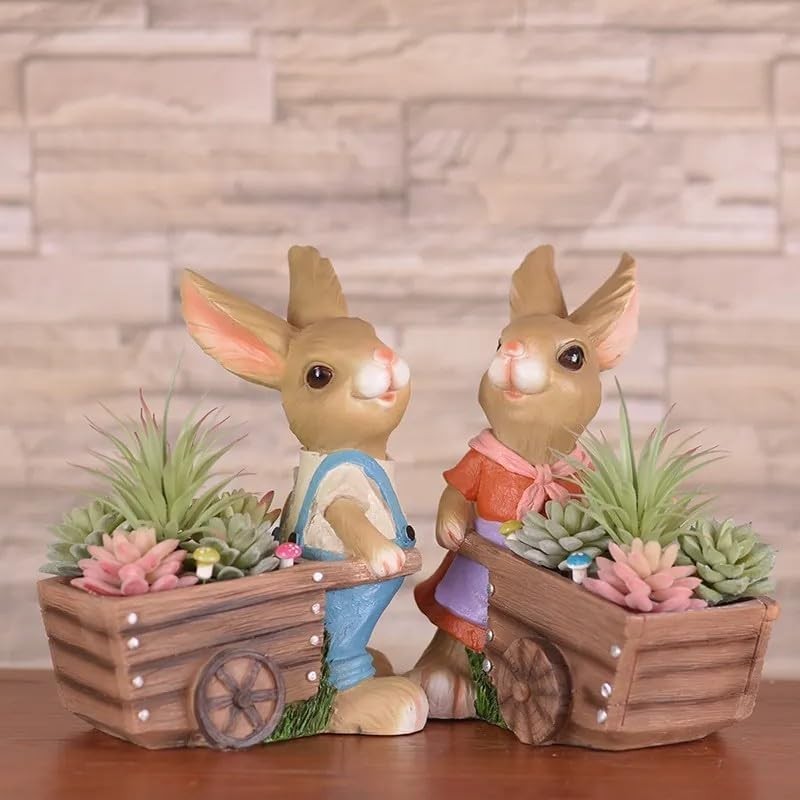 Pink Rabbit Garden Ornament with Wheelbarrow • Resin Outdoor Statue • Patio Yard