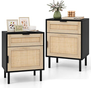 Set of 2 Black Rattan Bedside Tables with Drawer & Cabinet Modern Nightstands