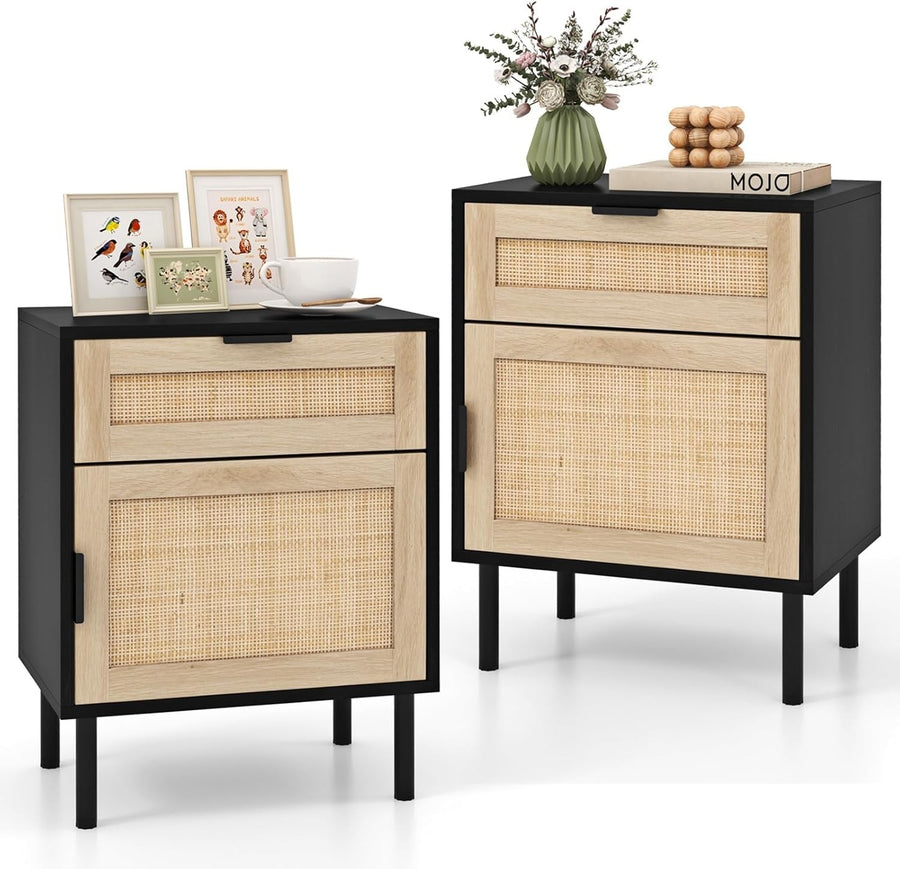 Set of 2 Black Rattan Bedside Tables with Drawer & Cabinet Modern Nightstands