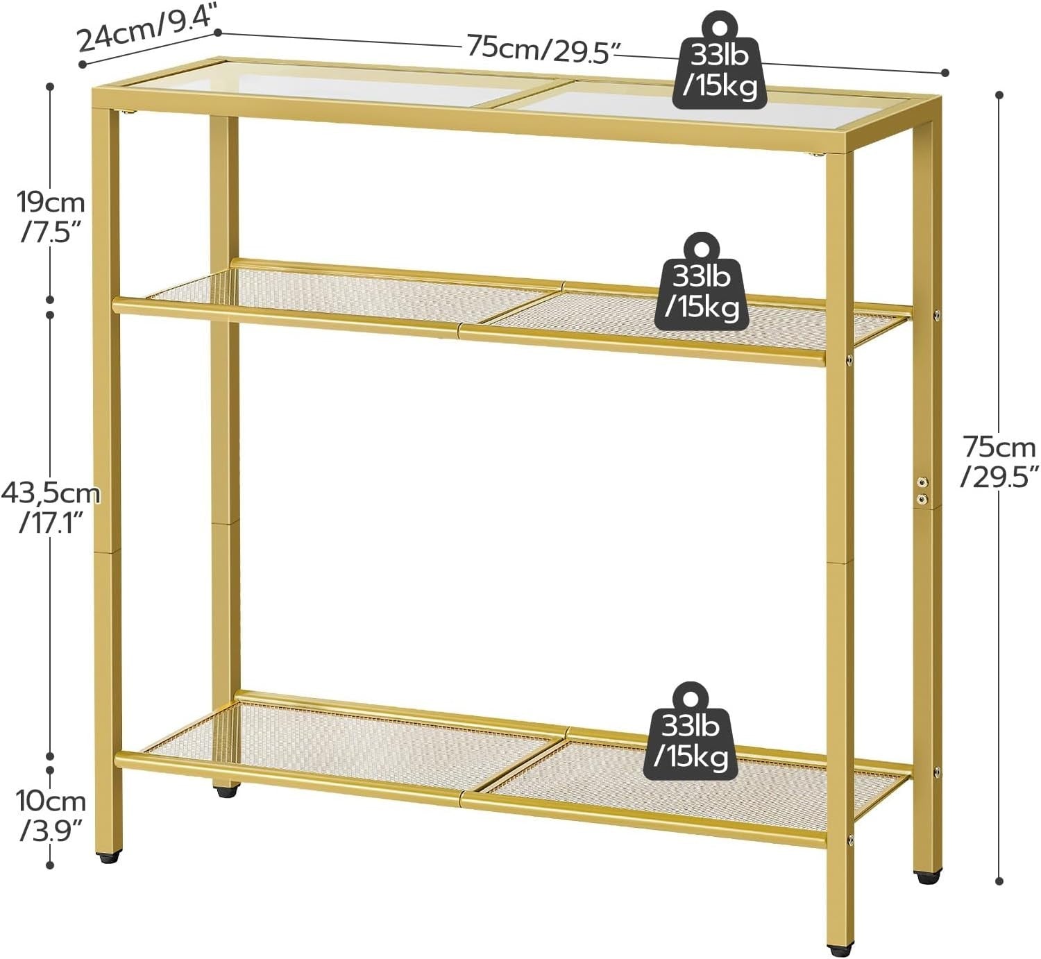3-Tier Gold Console Table Tempered Glass Shelf Narrow Side Storage
