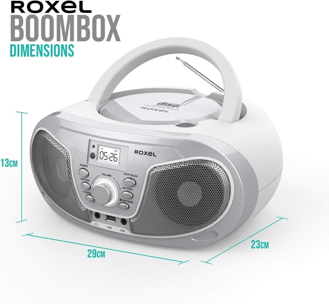 Silver Portable Boombox CD Player Bluetooth FM Radio USB AUX Remote