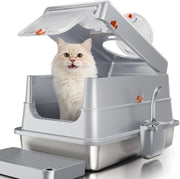XL Stainless Steel Cat Litter Box Covered Leak Proof Odor Control Grey