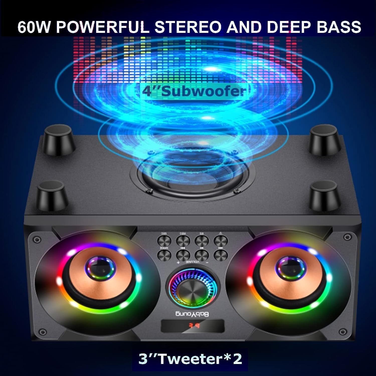 80W Portable Bluetooth Speaker Subwoofer Bass LED Lights FM MP3 USB AUX