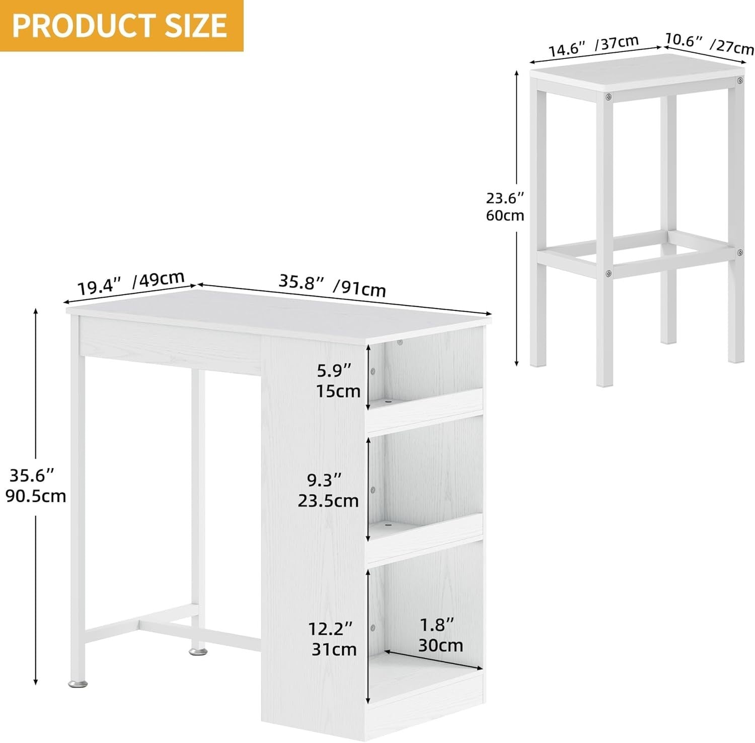 White Bar Table Set with 2 Stools Industrial Wood Top and Storage Shelves