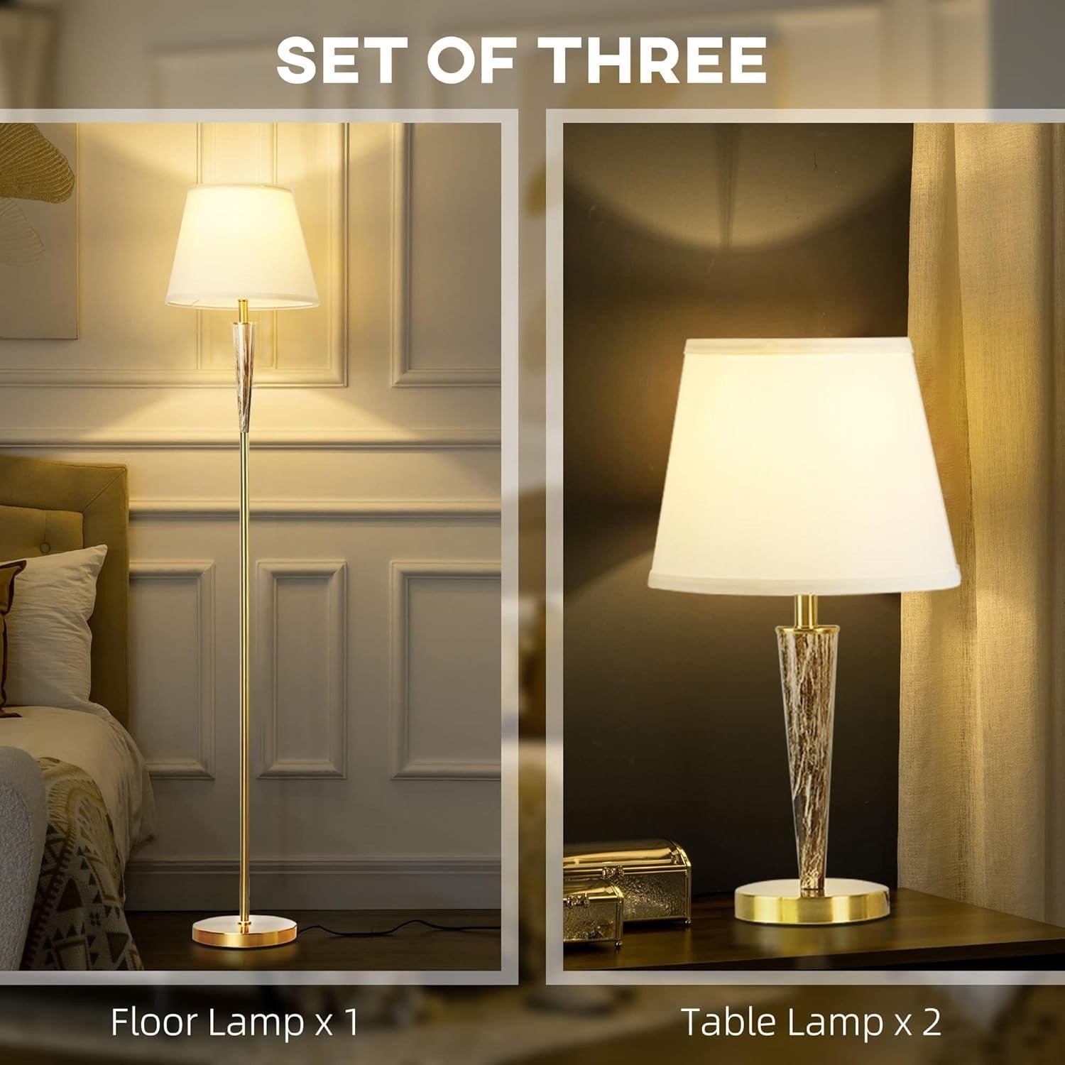 Modern 3-Piece Floor & Table Lamp Set with White Linen Shades, 51.5x20x60cm