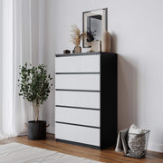 Contemporary 5-Drawer Wooden Chest Cabinet No Handles | Oak & White Finish