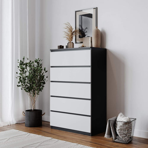 Contemporary 5-Drawer Wooden Chest Cabinet No Handles | Oak & White Finish
