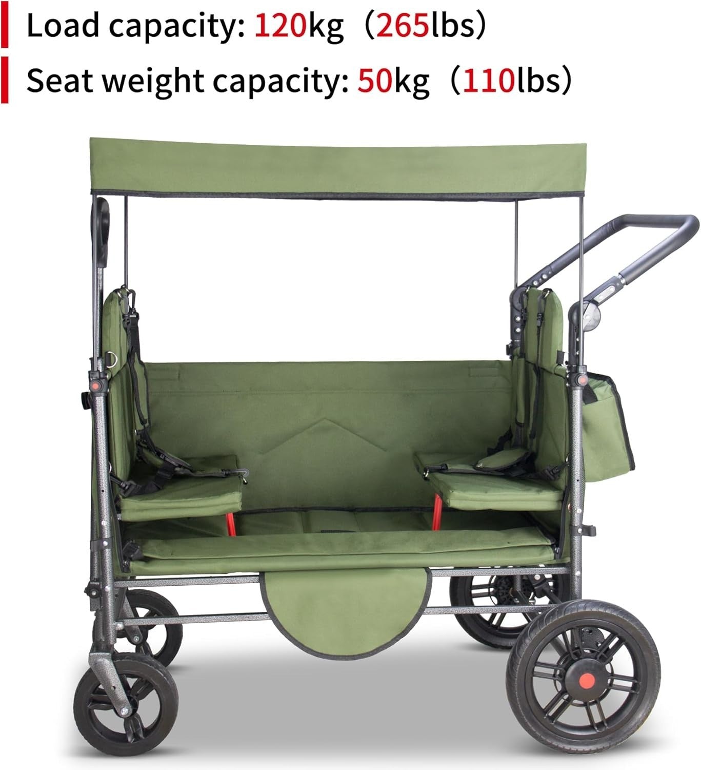 Side-Opening Folding Wagon 120kg Load w/ 2 Seats Canopy Big Wheels Brake Green
