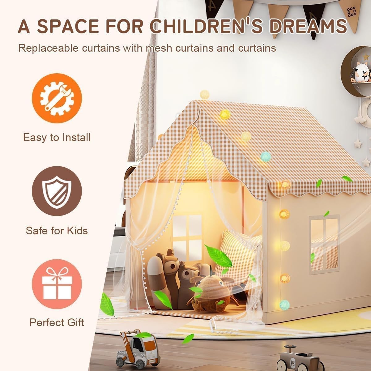 Neutral Beige Kids Play Tent Star Lights Indoor Outdoor Teepee House