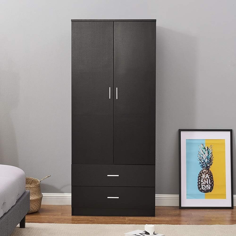 Tall Black 2 Door Wardrobe With Drawers & Hanging Rail Bedroom Storage