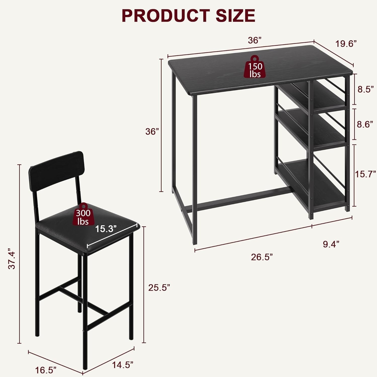 Bar Table Black 3-Piece Set with Shelves and 2 Stools Space-Saving Dining Set