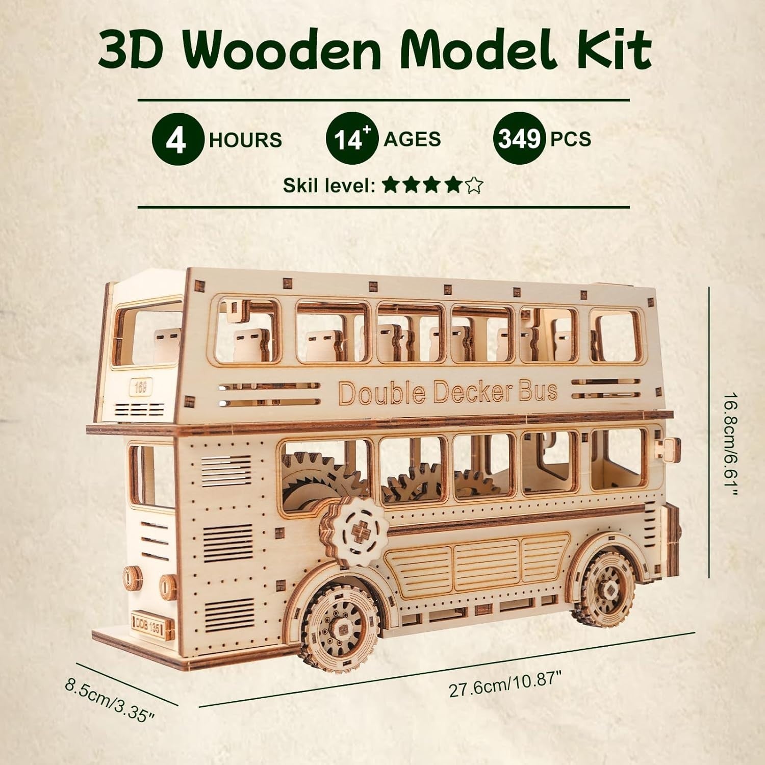 3D Wooden Double Decker Bus Puzzle Model Kit – 349 PCS DIY Mechanical Toy