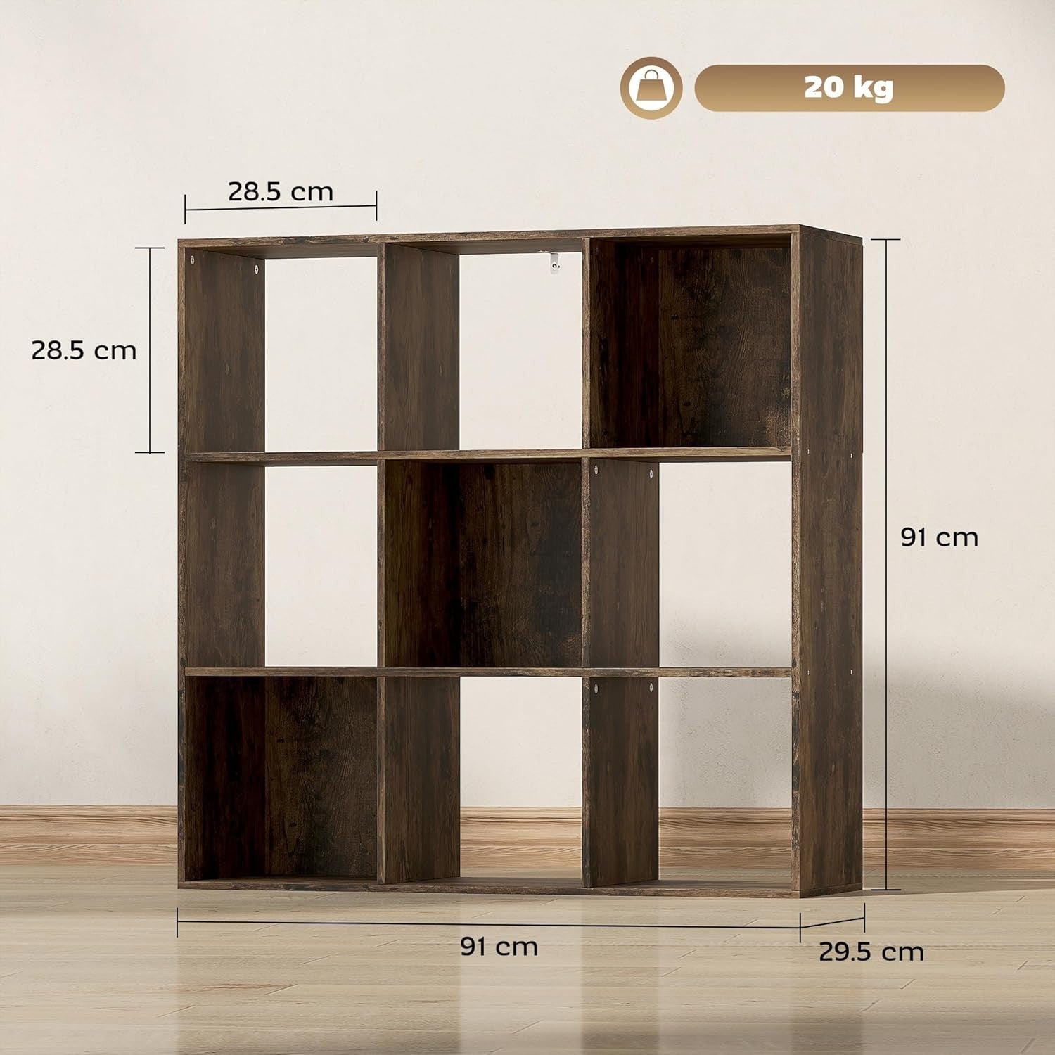3 Tier Rustic Brown Cube Bookcase Room Shelf 9 Open Storage Compartments Display