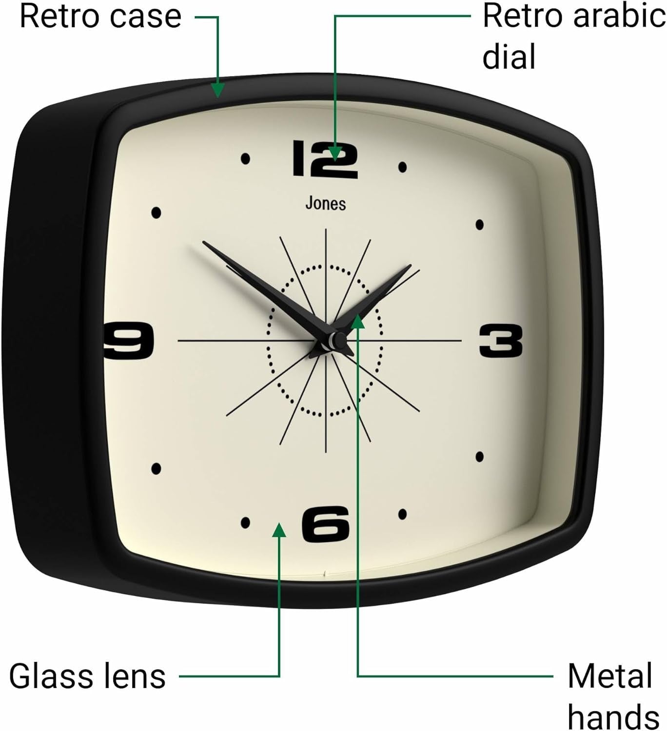 Retro 25cm Wall Clock Rectangle Silent Modern Black Kitchen Living Room Decor
