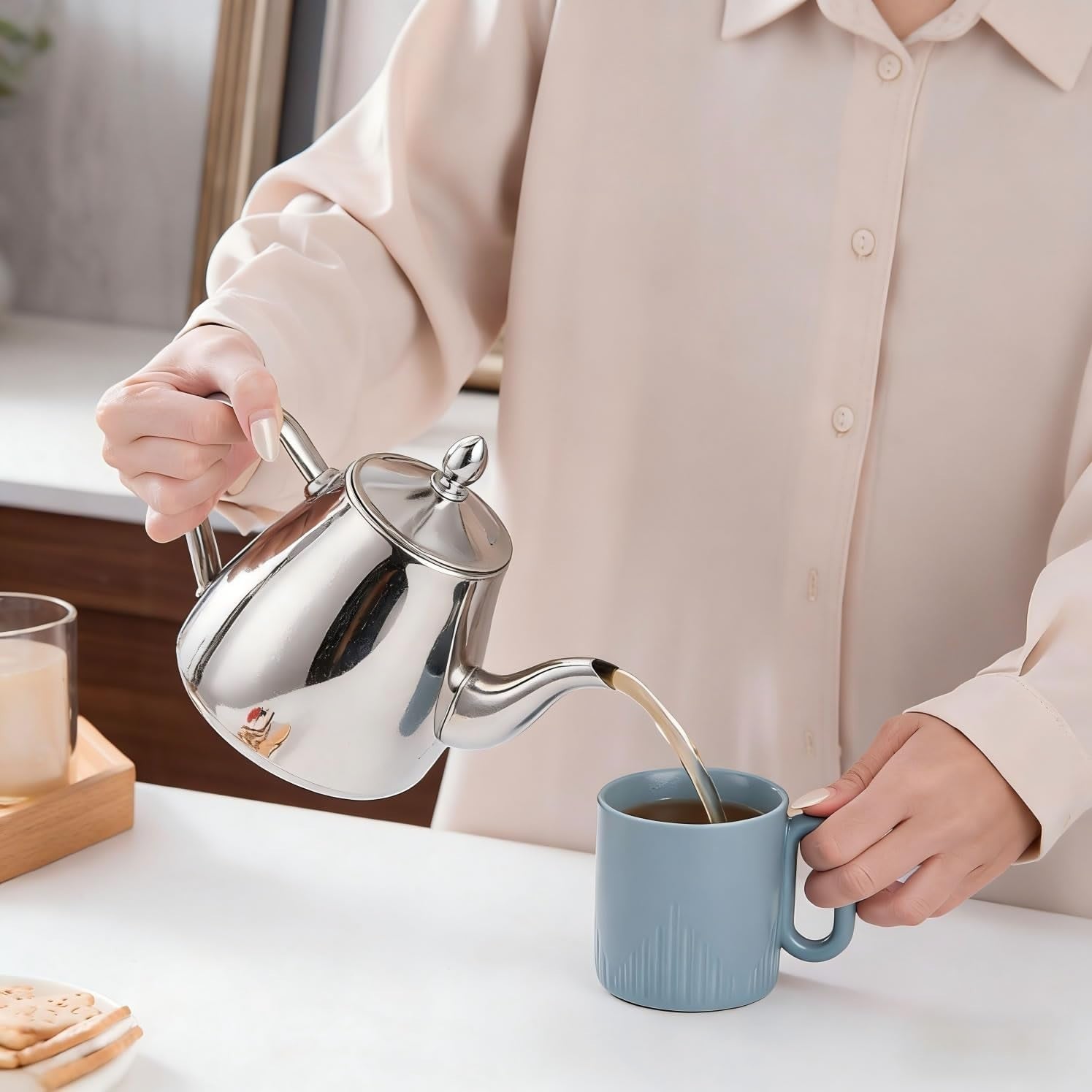 Stainless Steel Teapot 1.2L Tea Coffee Server Easy Pour Drip Free Pot