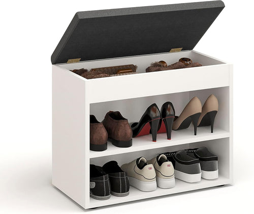 White Shoe Storage Bench with Cushion Hidden Compartment Entryway Seat